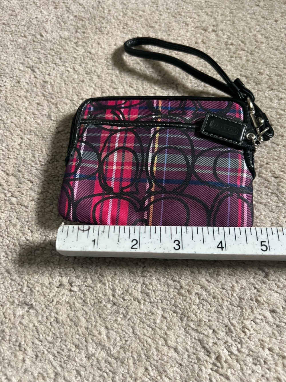 Coach Wristlet Wallet in Pink Plaid with Black Trim, in good condition.